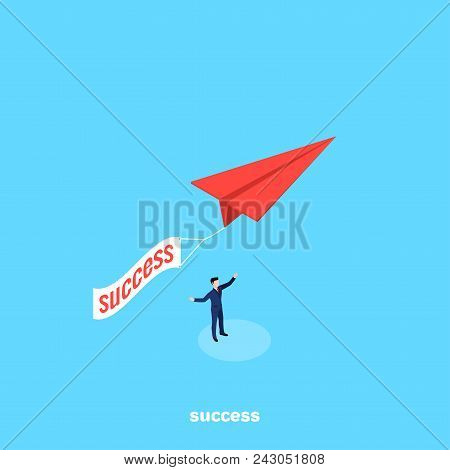 Red Paper Airplane With Transponder As A Symbol Of Success, Isometric Image