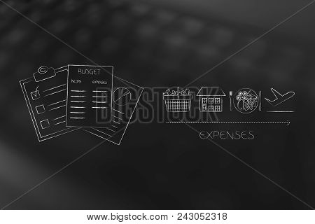 Managing Your Budget Conceptual Illustration: Budgeting Documents Next To Expenses Licons Ike Housin