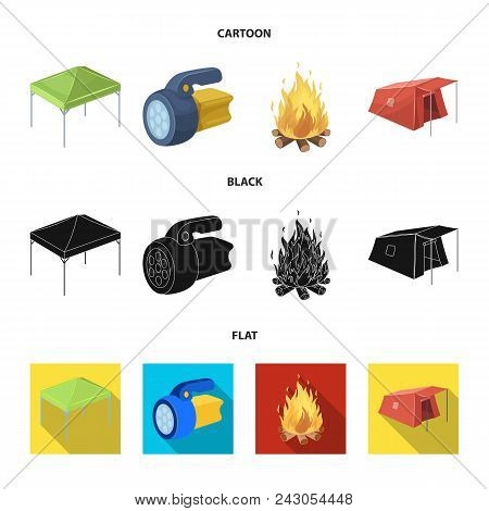 Awning, Fire And Other Tourist Equipment.tent Set Collection Icons In Cartoon, Black, Flat Style Vec
