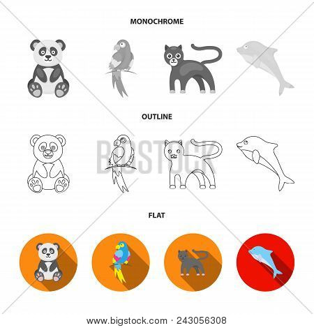 Panda.popugay, Panther, Dolphin.animal Set Collection Icons In Flat, Outline, Monochrome Style Vecto