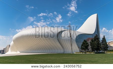 Building Exterior Of Haydar Aliyev Centre In Baku, Azerbaijan Which Was Designed By Zaha Hadid
