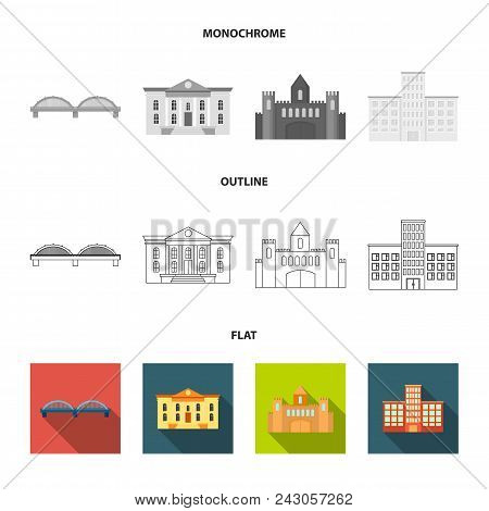 Museum, Bridge, Castle, Hospital.building Set Collection Icons In Flat, Outline, Monochrome Style Ve