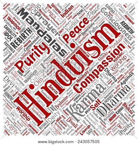 Conceptual hinduism, shiva, rama, yoga square red word cloud isolated background. Collage of mandalas, samsara, celebration, tradition, peace, compassion, rebirth, karma, dharma concept