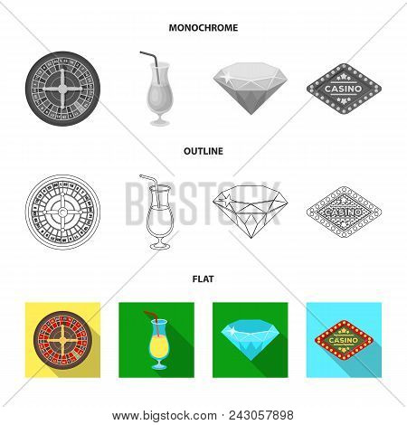Roulette, A Glass With A Drink, A Diamond, A Sign With The Inscriptioncasino Casino And Gambling Set
