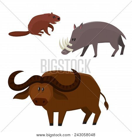 Cute Beaver, Buffalo Bull, Babirusa In Cartoon Style. Vector Illustration Of Wild Animals Isolated O