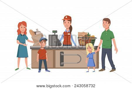 Cashier And Customers At The Cash Register In Convenience Store. Family Buying Food In Supermarket. 