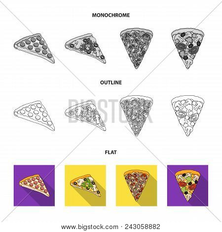 A Slice Of Pizza With Different Ingredients. Different Pizza Set Collection Icons In Flat, Outline, 