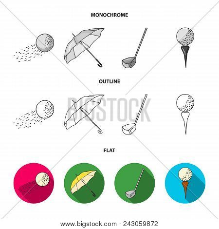 A Flying Ball, A Yellow Umbrella, A Golf Club, A Ball On A Stand. Golf Club Set Collection Icons In 