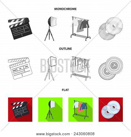 Movies, Discs And Other Equipment For The Cinema. Making Movies Set Collection Icons In Flat, Outlin