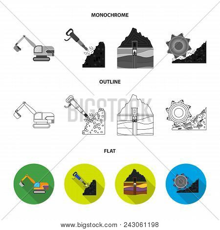 Excavator, Tunnel, Elevator, Coal Harvester And Other Equipment.mine Set Collection Icons In Flat, O