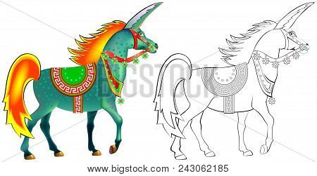Colorful And Black And White Pattern For Coloring. Illustration Of Imaginary Antique Unicorn. Worksh