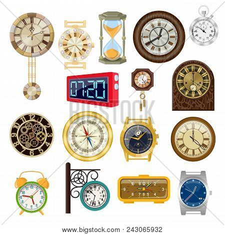 A Set Of Different Watches. Hourglass, Electric, Alarm Clock, Timer And Wall Clock.