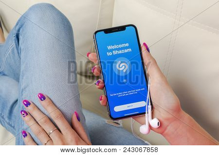 Sankt-petersburg, Russia, May 30, 2018: Shazam Application Icon On Apple Iphone X Screen Close-up In