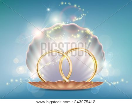 Two Gold Wedding Rings In A Seashell. Stock Vector Illustration.