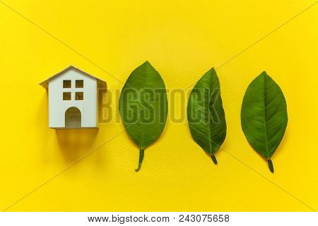 Miniature Toy Model House With Green Leaves On Yellow Colourful Trendy Backgdrop. Eco Village, Abstr