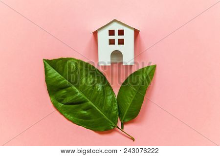 Miniature Toy Model House With Green Leaves On Pink Pastel Colourful Trendy Backgdrop. Eco Village, 