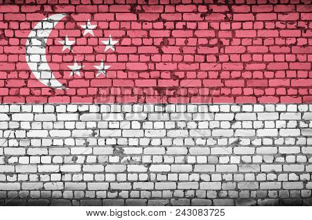 Singapore Flag Is Painted Onto An Old Brick Wall