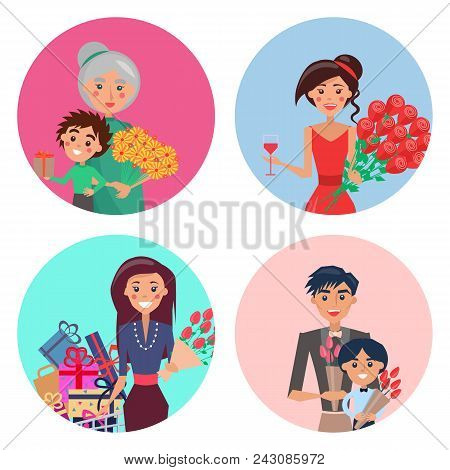 Grandmother And Grandson With Gift, Woman With Glass Of Wine, Lady With Bunch Of Presents, Father An
