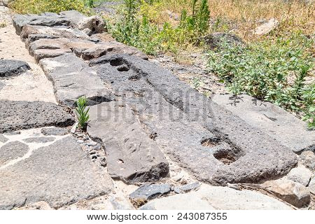 A Board With Recesses For Candles In Ruins Of The Dir Aziz Synagogue, Built In The Byzantine Period,