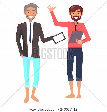 Businessmen Poster, With Smiling Men Holding Papers And Documents, Handsome Leaders With Bare Feets,