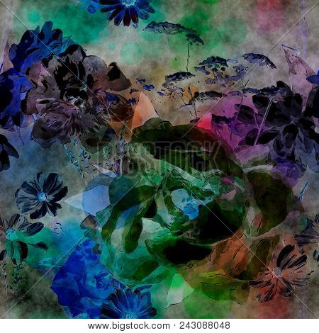 art vintage blurred colorful watercolor and graphic floral seamless pattern with peonies, gerbera, grasses and leaves on white background. Double Exposure and Bokeh effect