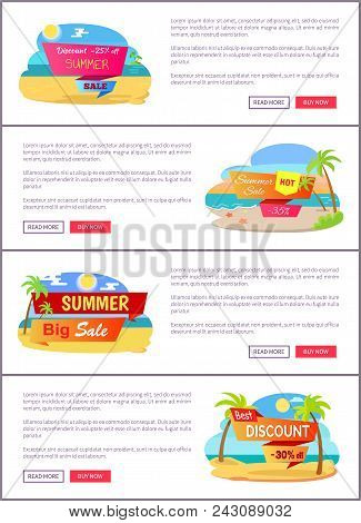 Big Summer Sale Up To 30 Internet Promo Pages. Luxurious Tropical Beaches With Tall Palms Vector Ill