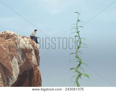 Man Sitting On A Rock And Looking Up To His Big Beanstalk Growing Up To The Sky  This Is A 3d Render