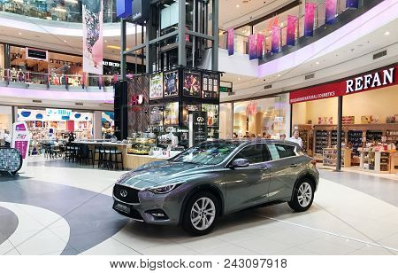 Burgas, Bulgaria - May 29, 2018: Infiniti Q30 Sport Compact Crossover For Sale At Mall Galleria Burg