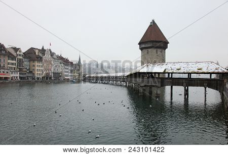 View Of Chapel Bridge In Lucerne In Winter Time In Switzerland