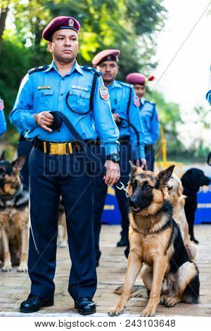KATHMANDU, NEPAL - OCTOBER 29, 2016: Nepal police celebrates Kukur Tihar (dog festival) at Central Police Dog Training School.