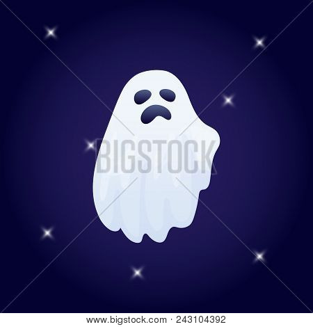 Vector Illustration, Cartoon Halloween Ghost Character On A Dark Background.