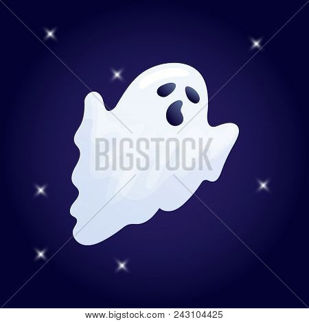 Vector Illustration, Cartoon Halloween Ghost Character On A Dark Background.