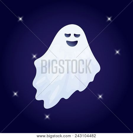 Vector Illustration, Cartoon Halloween Ghost Character On A Dark Background.