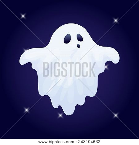 Vector Illustration, Cartoon Halloween Ghost Character On A Dark Background.