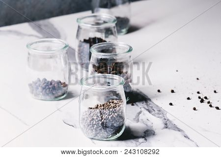 Variety Of Different Black Peppers Allspice, Pimento, Long Pepper, Monks Pepper, Peppercorns And Gro