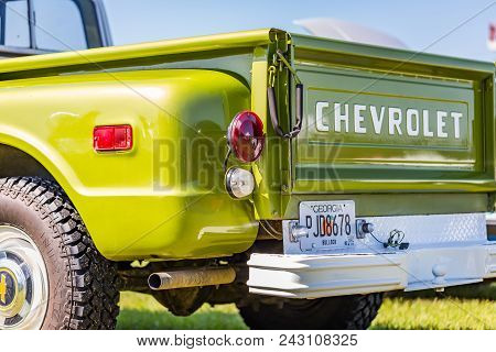 Closeup Of Taillight And Tailgate Details From A 1968 Chevrolet C10 Stepside Pickup Truck.