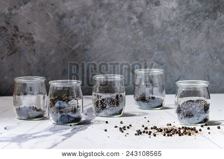 Variety Of Different Black Peppers Allspice, Pimento, Long Pepper, Monks Pepper, Peppercorns And Gro