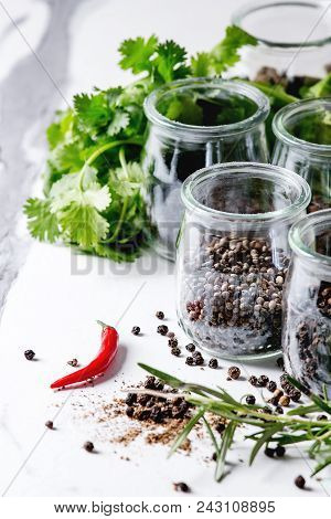 Variety Of Different Black Peppers Allspice, Pimento, Long Pepper, Monks Pepper, Peppercorns And Gro
