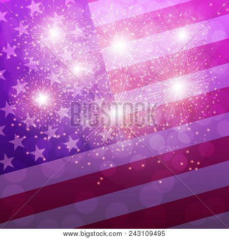 Brightly Illustration With American Flag. Lilac Fireworks. Holiday Fireworks Background. Illustratio