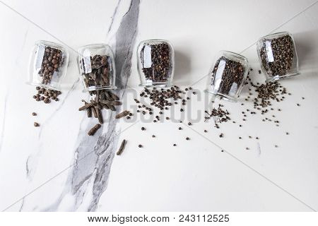 Variety Of Different Black Peppers Allspice, Pimento, Long Pepper, Monks Pepper, Peppercorns And Gro
