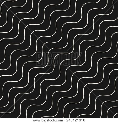 Diagonal Thin Wavy Lines Vector Seamless Pattern. Subtle Monochrome Background With Delicate Waves. 