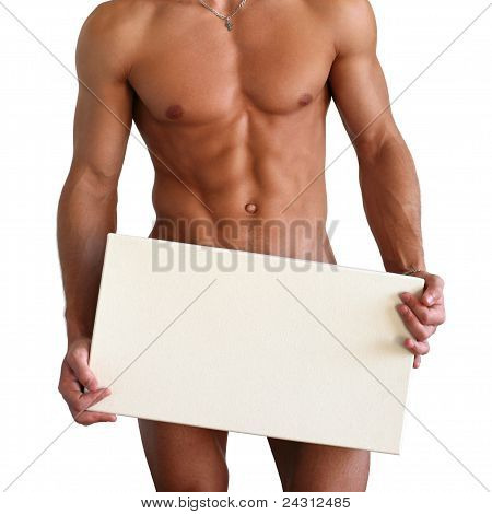 Nackte muskulöse Torso über Copy Space Box
