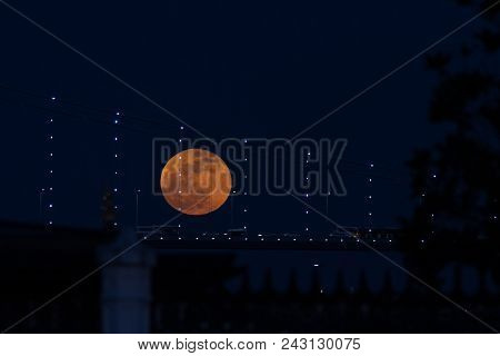 Super Blue Blood Moon Behind Bosphorus Bridge In Istanbul City, Turkey
