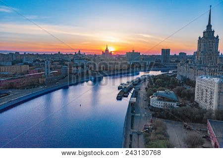 Center Of City On The River Bank At Sunset Time, Panoramic View, City Wallpaper