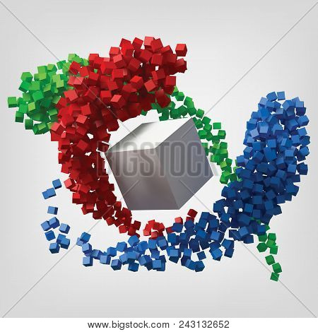 Color Teory Concept With Red, Green And Blue Cube Trails Orbiting Around Big White Cube. 3d Style Ve