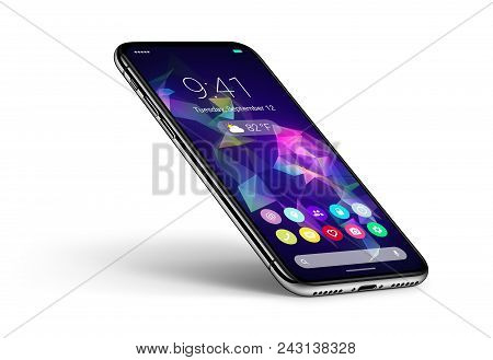 Perspective veiw smartphone concept with material design flat UI interface similar to Android P. Smartphone with shadow. Mobile apps icons home screen on the display. Isolated on white background. 3D illustration.