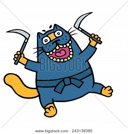 Funny Orange Cat Is A Ninja Armed With Two Sickles. Funny Cartoon Animal Character. Vector Illustrat