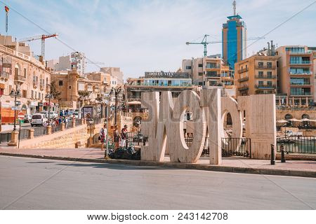 May 20, 2018. Beautiful St. Julian Town On The Island Of Malta With Love Sign On The Street