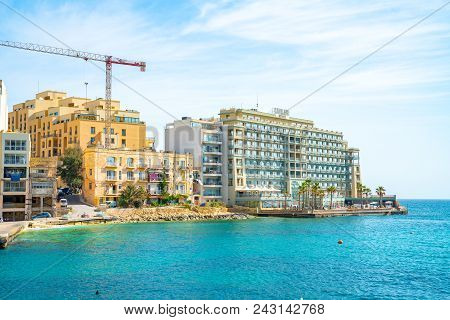 May 20, 2018. St. Julian, Malta. Amazing View Of The Spinola Bay And The Town Of St. Julian.