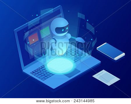 Isometric Robot Learning Or Solving Problems Concept. Artificial Intelligence Business Vector Illust